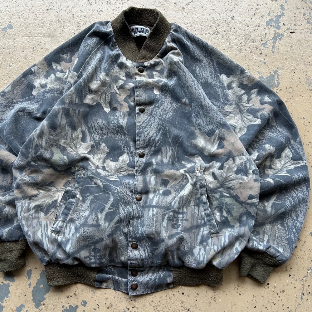 Vintage 90s Jerzees Outdoors Mossy Oak Camo Bomber Jacket Mens Large Snap Front